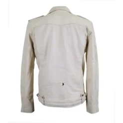 The back view of a cream biker leather jacket showcasing a structured fit, smooth paneling, and minimalistic detailing.