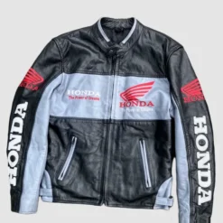 Front view of the Honda Leather Rare Streetwear Jacket featuring a sleek design with bold branding and premium leather finish.