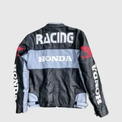 Back view of the Honda Leather Rare Streetwear Jacket displaying striking Honda insignia and a bold streetwear aesthetic.