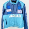 Premium Jaguar Racing Leather Jacket - sleek black design with red and white racing stripes, featuring the iconic Jaguar logo on the chest.