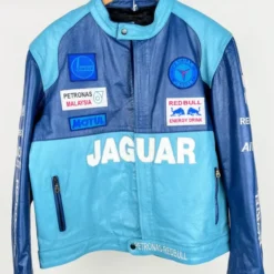 Premium Jaguar Racing Leather Jacket - sleek black design with red and white racing stripes, featuring the iconic Jaguar logo on the chest.