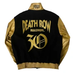 Back view of the Jeff Hamilton Death Row Records Leather Jacket, showcasing a large embroidered Death Row Records logo in bold red and white.