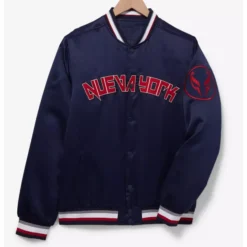 Front view of the Marvel Spider-Man: Across the Spider-Verse Miguel O’Hara Jacket, featuring 'Nueva York' text and a Spider-Man 2099 emblem on the sleeve.
