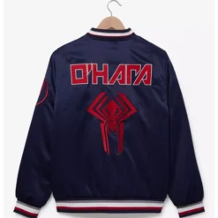 Back view of the Marvel Spider-Man: Across the Spider-Verse Miguel O’Hara Jacket, showcasing 'O’Hara' text and the Spider-Man 2099 logo in red embroidery.