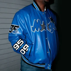 Jeff Hamilton Orlando Magic 35th Anniversary Leather Jacket - Front View with team logo and commemorative patches.