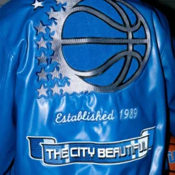 Jeff Hamilton Orlando Magic 35th Anniversary Leather Jacket - Back View featuring embroidered basketball design and 'The City Beautiful' slogan.