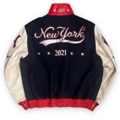 Jeff Hamilton Rolling Loud Jacket - Back View featuring embroidered 'New York 2021' lettering with stars and a bold varsity design.