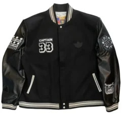 Jeff Hamilton x Kareem Abdul-Jabbar Leather Jacket front view with Captain 33 patch and embroidered details.