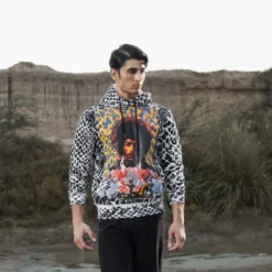 Jimi Hendrix Cotton Unisex Hoodie front view with bold graphic print of the legendary guitarist.