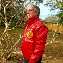 Johnny Lawrence Cobra Kai Red Jacket front view featuring a bold Cobra Kai patch on the chest.