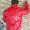 Johnny Lawrence Cobra Kai Red Jacket back view showcasing a sleek leather finish and ribbed hem.