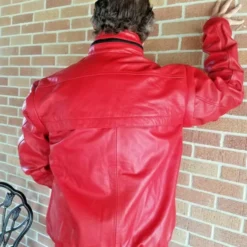 Johnny Lawrence Cobra Kai Red Jacket back view showcasing a sleek leather finish and ribbed hem.