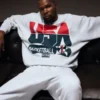 KITH Kevin Durant USA Basketball Crewneck in light grey, featuring bold USA graphics and branding.