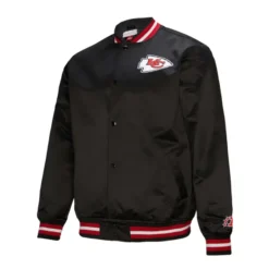 Kansas City Chiefs Double Down Satin Jacket front view with team logo on the chest, black body, and red accents.