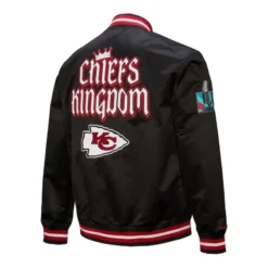 Kansas City Chiefs Double Down Satin Jacket back view featuring "Chiefs Kingdom" text, team logo, and Super Bowl patch.