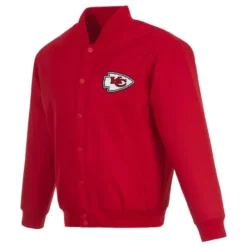 Kansas City Chiefs Red Varsity Jacket with embroidered team logo on the chest, snap-button closure, and ribbed cuffs.