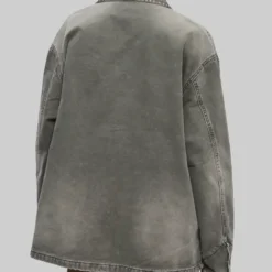 Back view of Katie Holmes Grey Denim Jacket showcasing its oversized fit and vintage-washed denim.