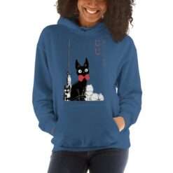 Blue hoodie featuring Jiji, the black cat from Kiki’s Delivery Service, with a red bow tie, surrounded by kittens and Japanese text.