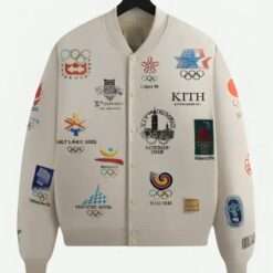 Kith Olympics Heritage Marvin Bomber Jacket front view featuring embroidered Olympic logos from various years on an off-white base.
