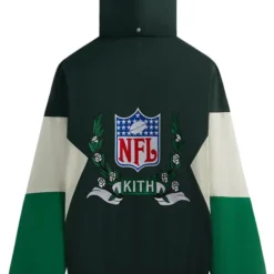 Back view of the Kith x NFL Philadelphia Eagles Quarter Zip Anorak showcasing the iconic NFL shield logo with Kith branding and laurel wreath embroidery.