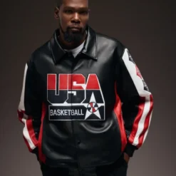 Kith x USA Basketball Kevin Durant Leather Jacket featuring bold USA Basketball branding, worn by Kevin Durant.