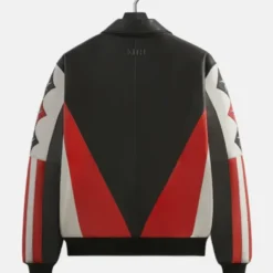 Back view of the Kith x USA Basketball Kevin Durant Leather Jacket showcasing a sleek black, red, and white design.