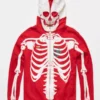 LRG Dead Serious Skeleton Hoodie front view with red and white skeleton print and zip-up skull face hood."