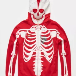LRG Dead Serious Skeleton Hoodie front view with red and white skeleton print and zip-up skull face hood."