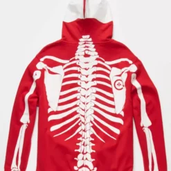 LRG Dead Serious Skeleton Hoodie back view with full skeleton spine print on red fabric.