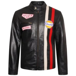 Le Mans Steve McQueen Jacket - Black Leather Racing Jacket with Gulf and Heuer Patches
