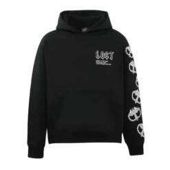 Lost Intricacy Mitt Black Hoodie featuring gothic-style 'LOST' text on the chest, intricate text details, and skull graphics along the right sleeve on a black pullover design.
