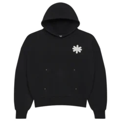 Lost Shdws OG Sun Logo Hoodie in black, featuring a small white sun logo on the chest and a kangaroo pocket with metal detailing.