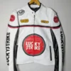 White Lucky Strike Super Rare Leather Jacket with red and black racing patches, featuring a bold Lucky Strike logo on the chest.
