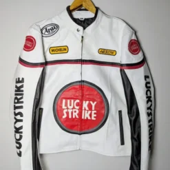White Lucky Strike Super Rare Leather Jacket with red and black racing patches, featuring a bold Lucky Strike logo on the chest.