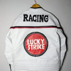 White Lucky Strike leather jacket with "Racing" text and a large red Lucky Strike logo on the back.