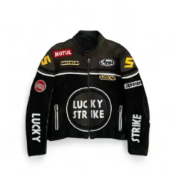 Front view of the Lucky Strike Vintage Leather Jacket featuring racing patches and a bold Lucky Strike logo.