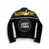 Back view of the Lucky Strike Vintage Leather Jacket with Schwantz lettering, star emblem, and the Lucky Strike logo.