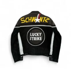 Back view of the Lucky Strike Vintage Leather Jacket with Schwantz lettering, star emblem, and the Lucky Strike logo.