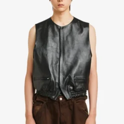 Magliano Black Leather Vest Front View – Sleek sleeveless leather vest with a minimalist design.