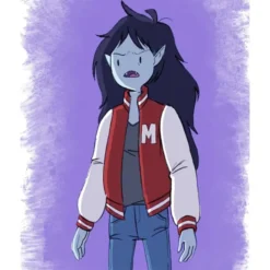 Marceline The Vampire Queen-inspired red and white varsity jacket with an 'M' patch on the chest, featuring a classic high-school style design.