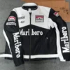 Marlboro Leather Racing Jacket – Black and white biker jacket with bold Marlboro branding on the chest and sleeves, featuring racing team patches.