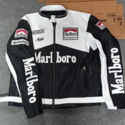 Marlboro Leather Racing Jacket – Black and white biker jacket with bold Marlboro branding on the chest and sleeves, featuring racing team patches.