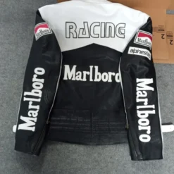 Back view of the Marlboro Leather Racing Jacket – Black and white leather with "RACING" text and Marlboro branding on the sleeves and back.
