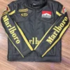 Marlboro Vintage Racing Leather Jacket with yellow detailing and classic sponsor logos.