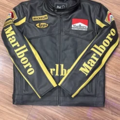 Marlboro Vintage Racing Leather Jacket with yellow detailing and classic sponsor logos.