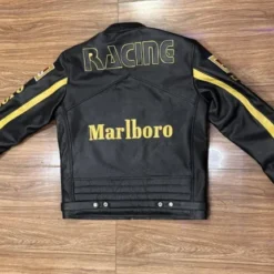 Back view of the Marlboro Vintage Racing Leather Jacket with bold Marlboro and Racing lettering.