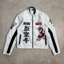 Marlboro Vintage Y2K Racing Moto Jacket front view with embroidered dragon and Japanese kanji characters.