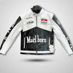 Marlboro White & Black Racer Leather Jacket featuring vintage racing patches, a zippered front, and a bold black and white color scheme.
