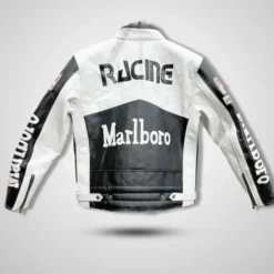 Back of Marlboro White & Black Racer Leather Jacket with "Racing" and "Marlboro" branding, stylish panel design, and a retro motorsport aesthetic.