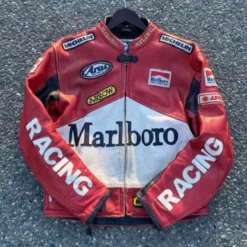 A red and white leather racing jacket with Marlboro and Yamaha branding, featuring sponsor patches and "RACING" text on the sleeves.